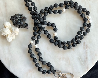 Lava and Freshwater Mala Lanyard, Teacher Lanyard, Office Accessory, Badge Holder, 108 Beads