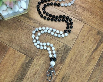 Howlite and Obsidian 108 Beaded Mala Teacher Lanyard, Work Place Lanyard, Gift for Her, Teacher Gift, Calming, Grounding