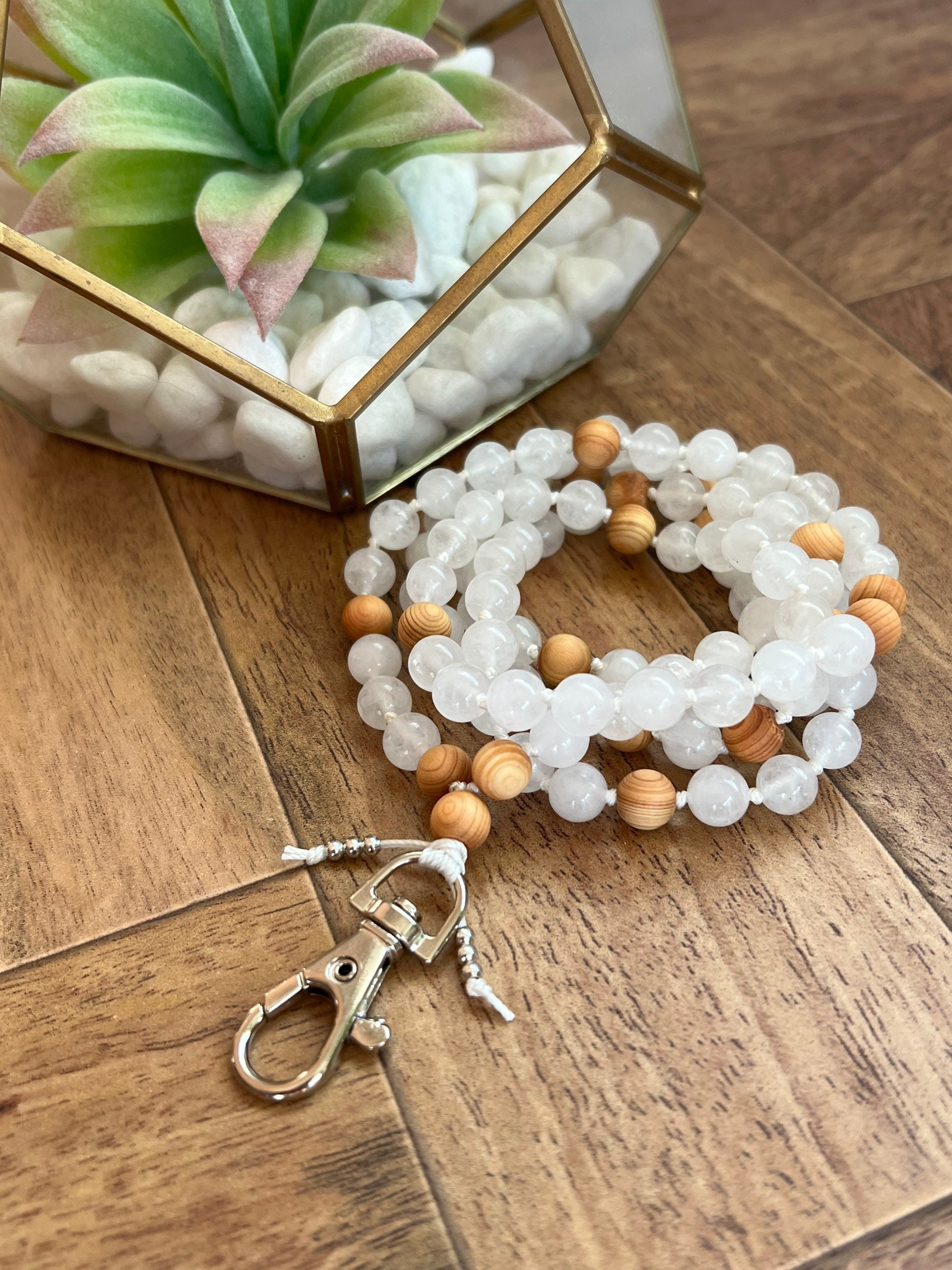 Serenity White Jade and Sandalwood Mala Lanyard, Mala Necklace, Gift for Her, Work Accessory, Badge Holder