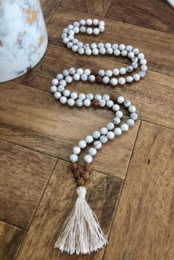 Howlite Calming Mala 108 Bead Necklace Gift for Her Rudraksha