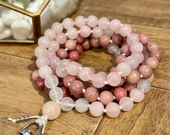 Rose Quartz and Rhodochrosite Mala Lanyard, Mala Necklace, Lanyard, Work Accessory, Gift for her