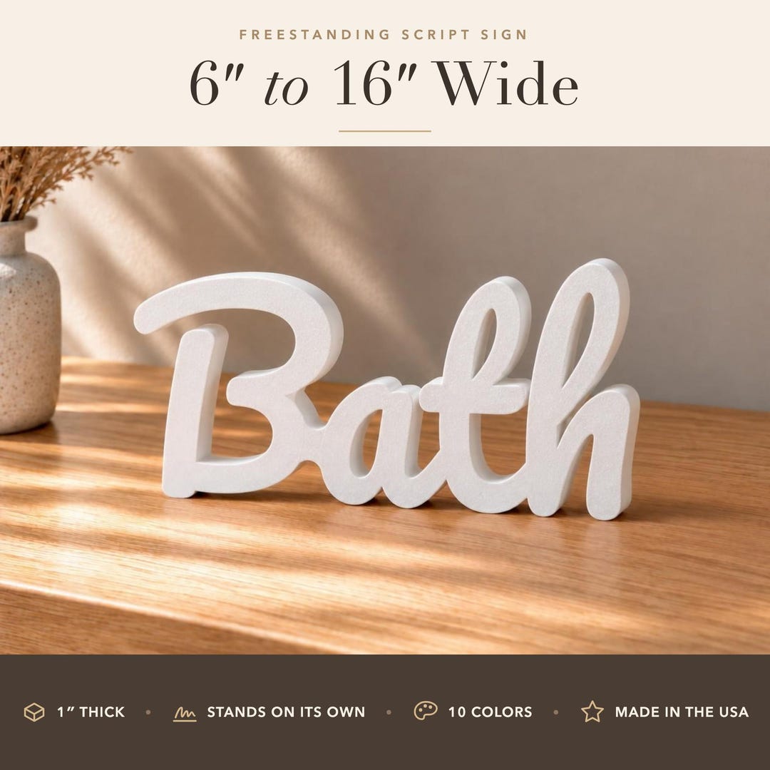 Bath Sign, Freestanding Cursive Word Decor for Bathroom Shelf, Bathroom ...