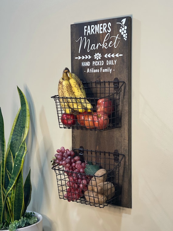 Fruit and Vegetable Basket, Kitchen Basket, Fruit Basket, Kitchen Organizer,  Farmers Market Sign, Rustic Decor, Produce Wall Hang 