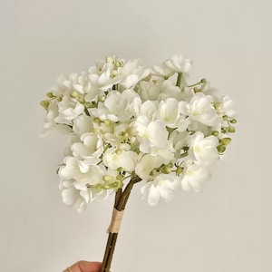 Op de afbeelding: Een boeket witte bloemen met groene knoppen en bruine stelen. De stelen zijn gebonden met beige touw. De bloemen staan in volle bloei, met meerdere bloemblaadjes. De achtergrond is effen gebroken wit.