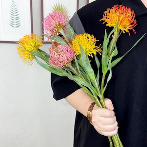 4 color realistic Leucospermum stems，artificial protea flower，flower arrangement，artificial plant for vase filler，home decor，craft supply
