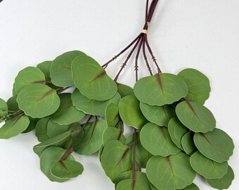 May include: A bundle of artificial eucalyptus leaves. The leaves are a vibrant green with a darker red-brown vein pattern. The stems are a dark brown and tied together with a light brown band. The leaves are arranged in a circular pattern.