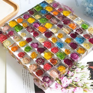 May include: A clear resin block with a grid of individual squares, each containing a dried rose in various colors. The roses include red, yellow, orange, purple, and green. The block sits on a white surface.