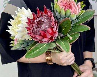 3 color faux protea king stems，artificial protea flower，centerpiece，vase filling，DIY flower arrangement，home decor，wedding flower decor