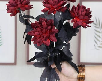 faux retro red dahlia flowers, DIY flower arrangement,dark flower for wedding,artificial silk flowers,vase filler,home decor