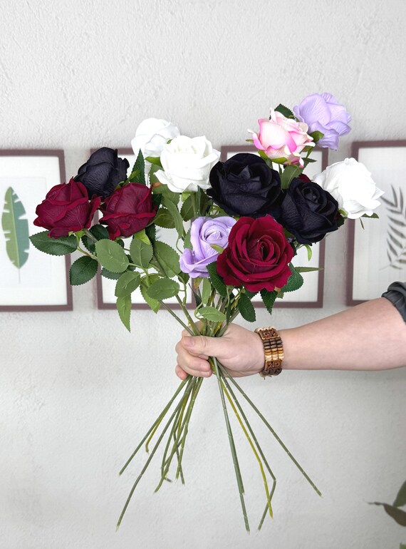 フェイクファブリックのバラの花、茎付きのリアルな人工バラの花、DIY 