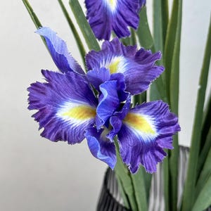 Puede incluir: Primer plano de flores de iris artificiales con vibrantes p&eacute;talos morados, acentuados con amarillo y blanco cerca del centro. Las flores se colocan sobre tallos y hojas verdes, creando una est&eacute;tica natural. El arreglo est&aacute; en un jarr&oacute;n oscuro.