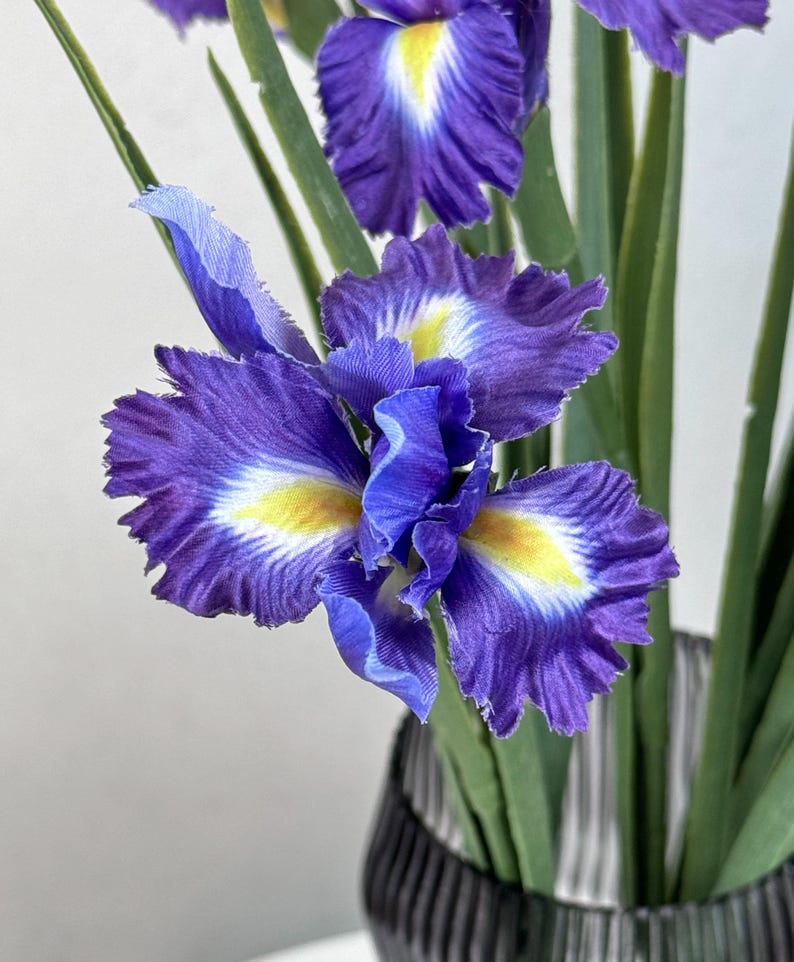 Puede incluir: Primer plano de flores de iris artificiales con vibrantes p&eacute;talos morados, acentuados con amarillo y blanco cerca del centro. Las flores se colocan sobre tallos y hojas verdes, creando una est&eacute;tica natural. El arreglo est&aacute; en un jarr&oacute;n oscuro.