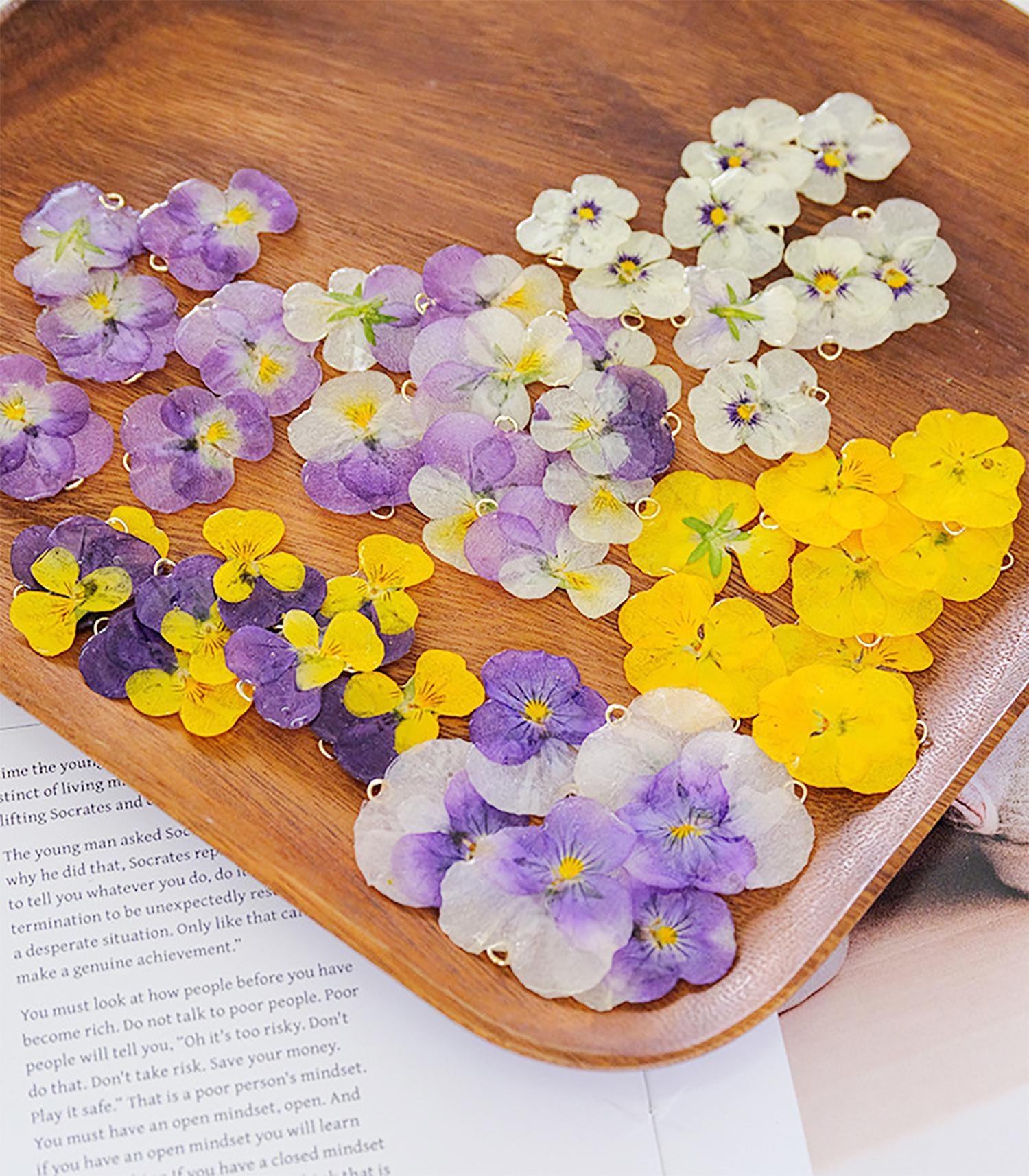 4色の樹脂製ビオラの花びら、押し花のビオラの花の頭、樹脂製フラワー