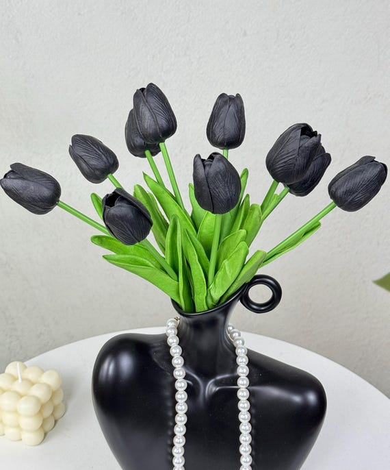 リアルタッチの黒いチューリップの花束、造花の黒いチューリップ、DIY