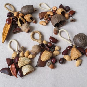 Puede incluir: Una colección de adornos naturales, cada uno con un lazo para colgar. Los adornos están compuestos por diversas semillas, nueces y vainas en tonos marrones, beige y tostados. Algunos tienen un lazo de cuerda trenzada, otros un cordón color crema.