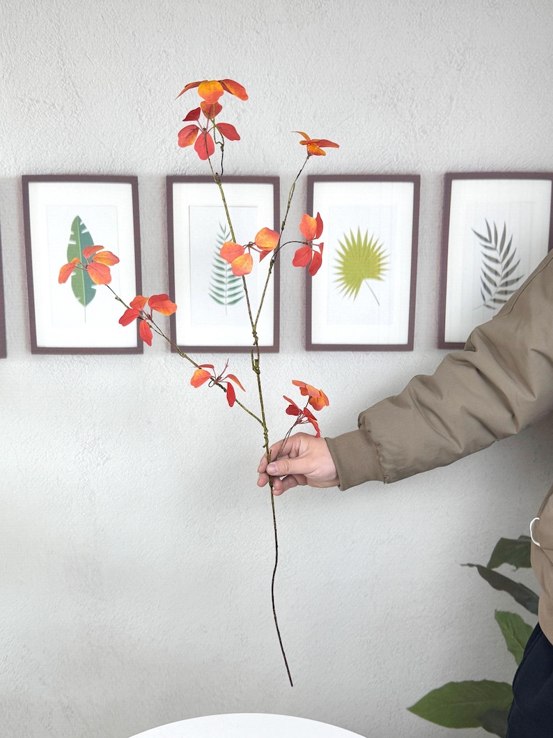 May include: A slender, artificial stem with vibrant orange and red leaves is held against a neutral wall. The leaves are clustered along the stem, creating a natural, autumnal aesthetic. Framed botanical prints hang in the background, complementing the floral element.