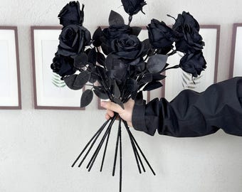Black Silk Rose Stem: Gothic Vase Filler, DIY Floral Arrangement,Home wedding decor