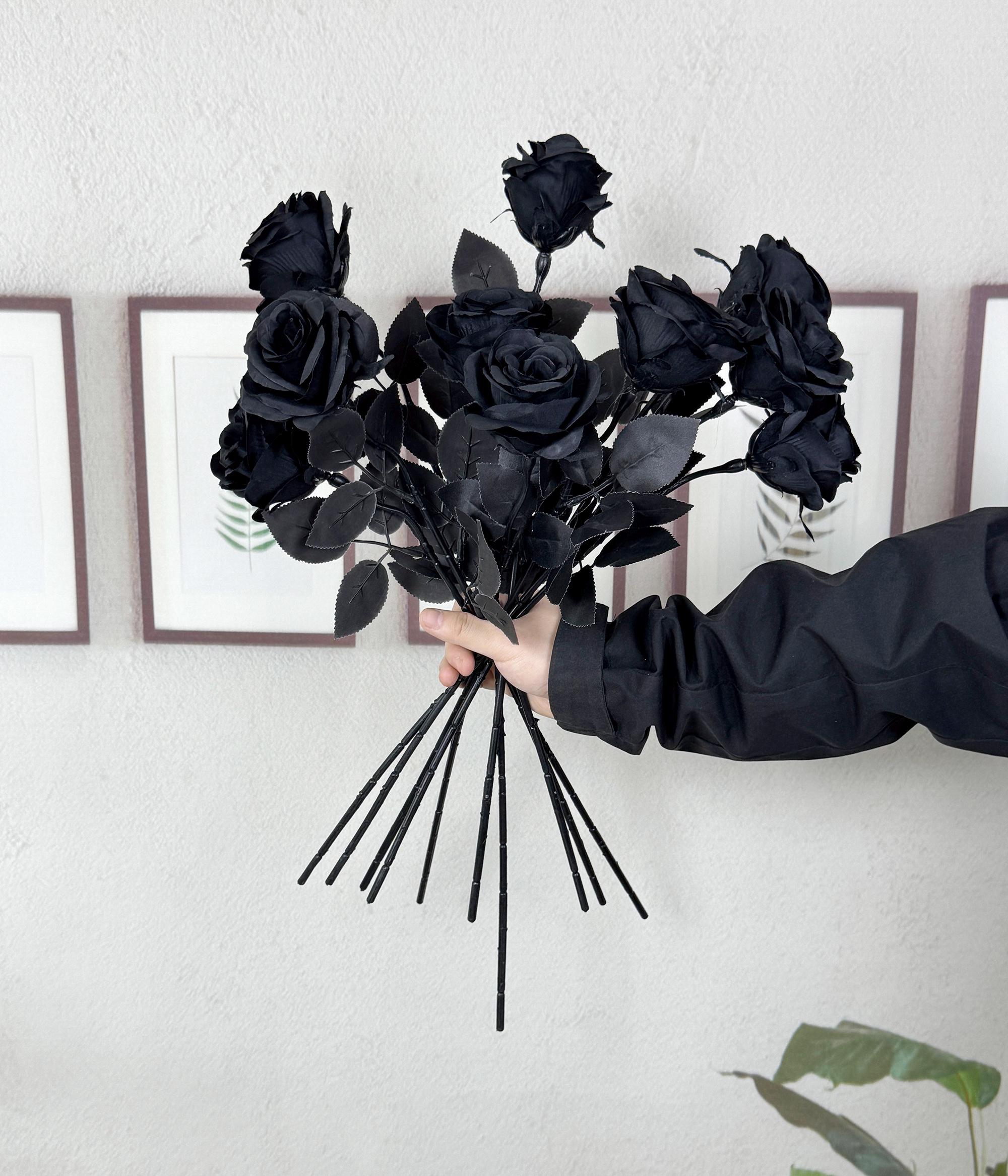 黒いシルクのバラの茎：ゴシック風の花瓶の詰め物、DIYフラワー