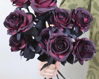 dark red black rose flower，faux dark red rose with stems，flower arrangement，DIY floral，retro home decor，wedding flower decor
