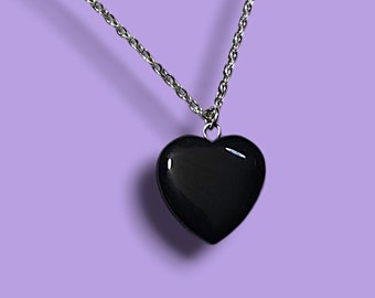 Black Obsidian Heart Necklace on silver stainless steel chain, 90s Mall Goth Accessories, Gothic Jewelry Gifts for Her