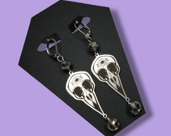 Raven Skull Goth Dangle Earrings, Punk Emo Grunge Accessories, Gothic Jewelry for Her