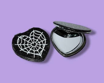 Black Heart Spiderweb Compact Mirror, Goth Accessories for Makeup Bag or Gothic gift for her