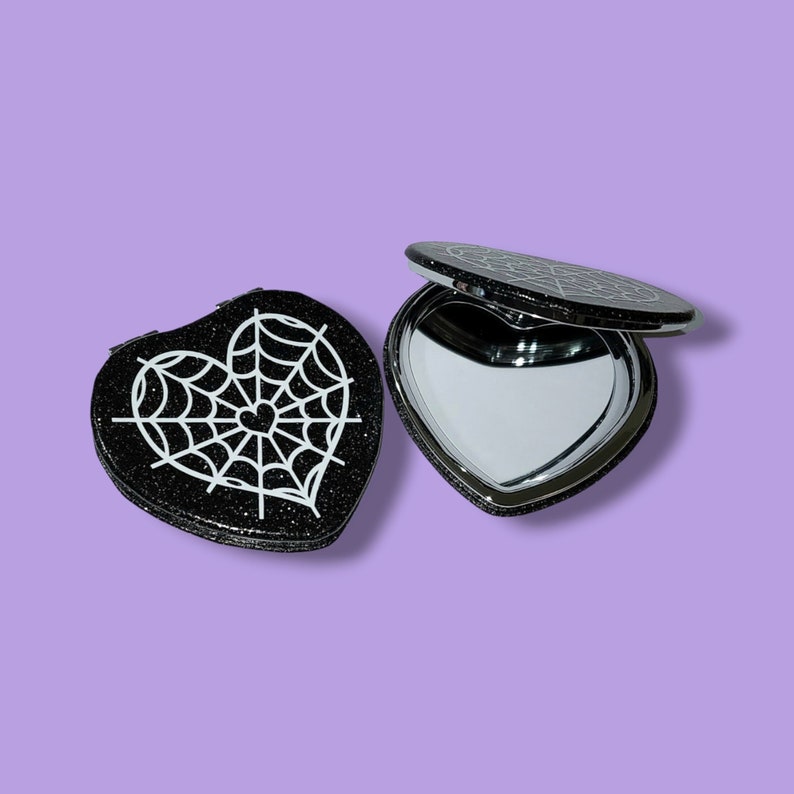 Black Heart Spiderweb Compact Mirror, Goth Accessories for Makeup Bag or Gothic gift for her by Quirky Korner