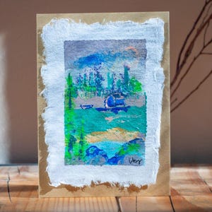 Greetings card – abstract calming lake – hand-painted affordable art