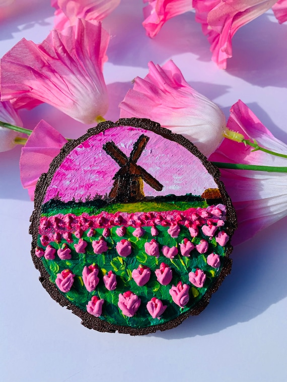 Pink Tulips Wood Slice | Coaster | Acrylic painting