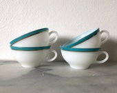 Pyrex Milk Glass Turquoise Blue and Gold Band Flat Cups Coffee Cups Tea Cups Mugs Set of Four Vintage Cups