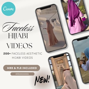 May include: A collage of four images showing women wearing hijabs in different settings. The text "Faceless HIJABI VIDEOS 200+ FACELESS AESTHETIC HIJABI VIDEOS MRR & PLR INCLUDED @PRODESIGNERA NEW!" is displayed on the image.
