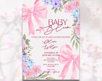 Baby in Blüte-Babypartyeinladung Blumenmädchen-Babyparty bearbeitbare digitale Download-Babyparty-Einladungsschablone Frühlingsblumen feminin