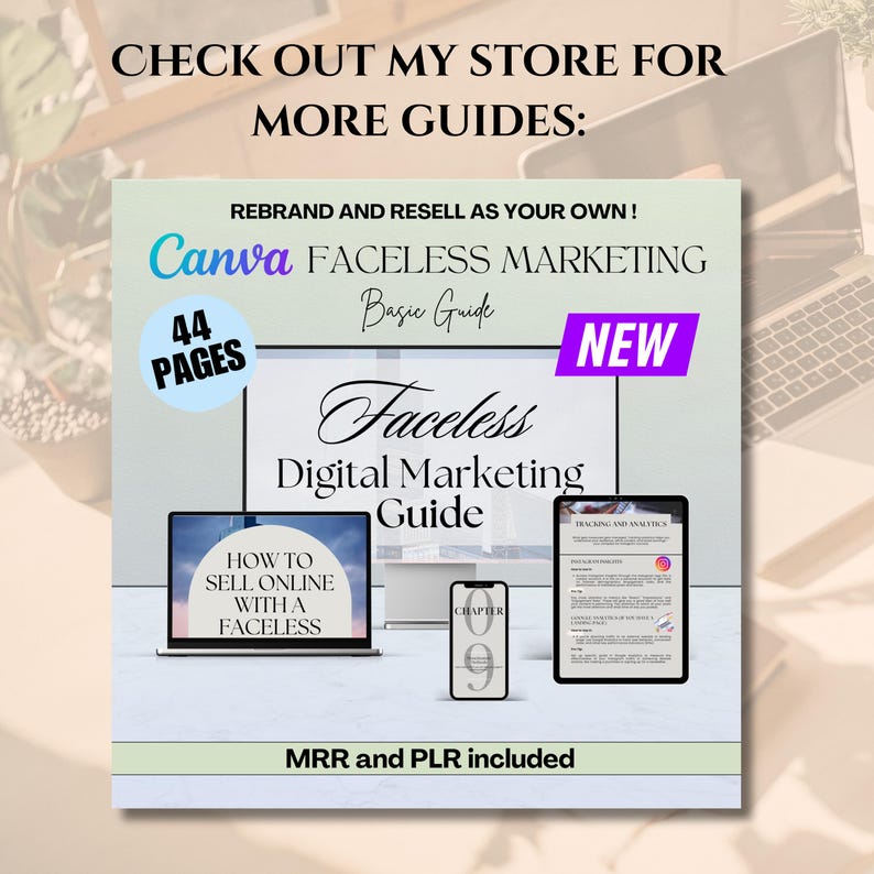 Pu&ograve; includere: Una guida di marketing digitale intitolata "Faceless Digital Marketing Guide" con uno sfondo blu e bianco. La guida &egrave; lunga 44 pagine e include un capitolo su "Come vendere online con un'azienda senza volto". La guida &egrave; disponibile per il rebranding e la rivendita. Il testo "MRR e PLR inclusi" &egrave; in fondo all'immagine.