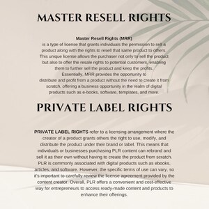 Pu&ograve; includere: Testo che spiega la differenza tra i diritti di rivendita master (MRR) e i diritti di etichetta privata (PLR). MRR ti consente di rivendere un prodotto e tenere i profitti. PLR ti consente di ribrandizzare e vendere un prodotto come tuo.