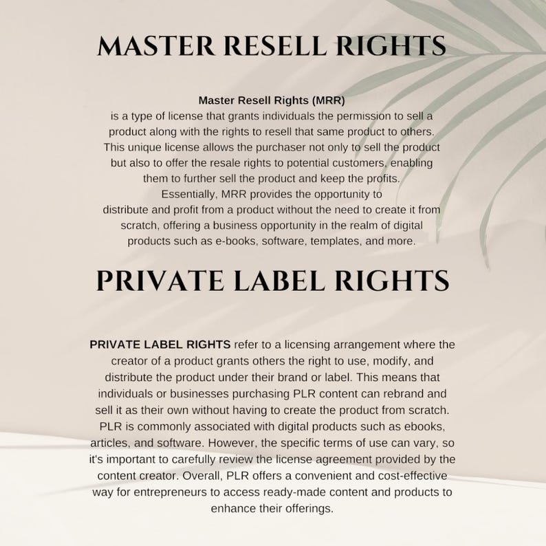 Pu&ograve; includere: Testo che spiega la differenza tra i diritti di rivendita master (MRR) e i diritti di etichetta privata (PLR). MRR ti consente di rivendere un prodotto e tenere i profitti. PLR ti consente di ribrandizzare e vendere un prodotto come tuo.