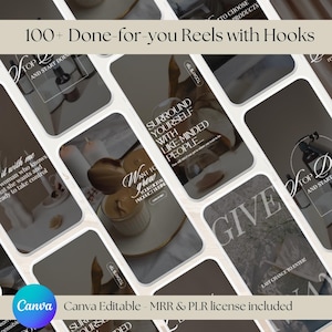 May include: A collection of 100+ Instagram Reels with text overlays and motivational quotes. The Reels are designed for social media marketing and feature a minimalist aesthetic with a dark background and white text. The text includes phrases like "Want to grow your TikTok production", "Surround yourself with like-minded people", and "Give",  "Top and start doing".