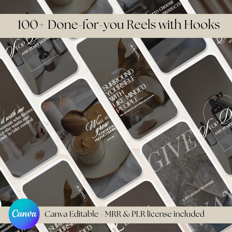May include: A collection of 100+ Instagram Reels with text overlays and motivational quotes. The Reels are designed for social media marketing and feature a minimalist aesthetic with a dark background and white text. The text includes phrases like "Want to grow your TikTok production", "Surround yourself with like-minded people", and "Give",  "Top and start doing".
