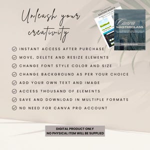 Pu&ograve; includere: Una guida digitale per Canva, una piattaforma di progettazione grafica. La guida include istruzioni su come utilizzare Canva per creare progetti, modificare foto e aggiungere testo. La guida include anche un elenco di funzionalit&agrave;, come l'accesso immediato dopo l'acquisto, la possibilit&agrave; di spostare, eliminare e ridimensionare gli elementi e la possibilit&agrave; di modificare lo stile, il colore e le dimensioni del carattere. La guida indica anche che non &egrave; necessario un account Canva Pro.