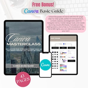 May include: A digital product mockup featuring a Canva Masterclass guide with a city skyline background. The guide is titled "Canva Masterclass" and includes the text "Four all-in-one guide to creating stunning visuals and viral-worthy posts on Canva - quickly and easily!" The guide is 43 pages long. The mockup also includes a smaller screen showing a Canva Basic Guide with a screenshot of the shape toolbar.