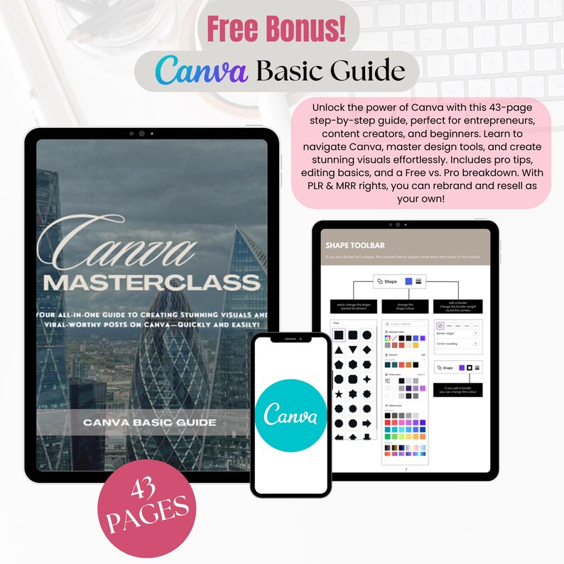 May include: A digital product mockup featuring a Canva Masterclass guide with a city skyline background. The guide is titled "Canva Masterclass" and includes the text "Four all-in-one guide to creating stunning visuals and viral-worthy posts on Canva - quickly and easily!" The guide is 43 pages long. The mockup also includes a smaller screen showing a Canva Basic Guide with a screenshot of the shape toolbar.