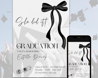 Kokette schwarze Bogen Graduierung Einladung Klasse von 2026 editierbar boho chic feminine Graduierung Party einladen digitaler Download