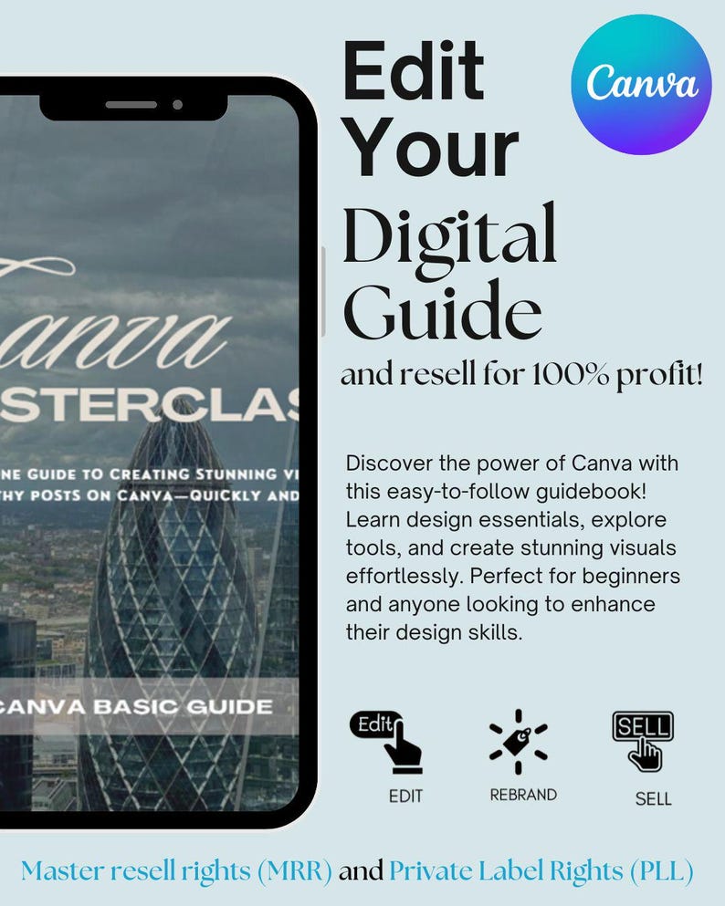 Pu&ograve; includere: Una guida digitale su come utilizzare Canva per creare immagini straordinarie. La guida include istruzioni su come modificare, ribrandizzare e vendere i tuoi progetti. La guida &egrave; disponibile per la rivendita con diritti di rivendita principali (MRR) e diritti di etichetta privata (PLL).