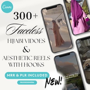 Puede incluir: Un producto de marketing digital para redes sociales que incluye más de 300 videos de hijab sin rostro y carretes estéticos con ganchos. El texto "MRR & PLR INCLUDED" y "NEW!" se muestra en la imagen.