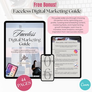 May include: A digital marketing guide for building a personal brand without showing your face. The guide is titled "Faceless Digital Marketing Guide" and features 44 pages. The guide includes tips on choosing a niche, optimizing your profile, creating content, and using analytics.