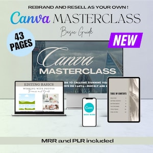 May include: A Canva Masterclass Basic Guide with 43 pages, a laptop screen showing a Canva Masterclass editing basics lesson, a phone screen showing a Canva Basic Guide, and a tablet screen showing a table of contents for the guide.