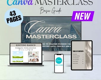 Canva Masterclass, guida per principianti, PLR MRR, download immediato, modelli di progettazione digitale, corso tutorial per titolari di attività online