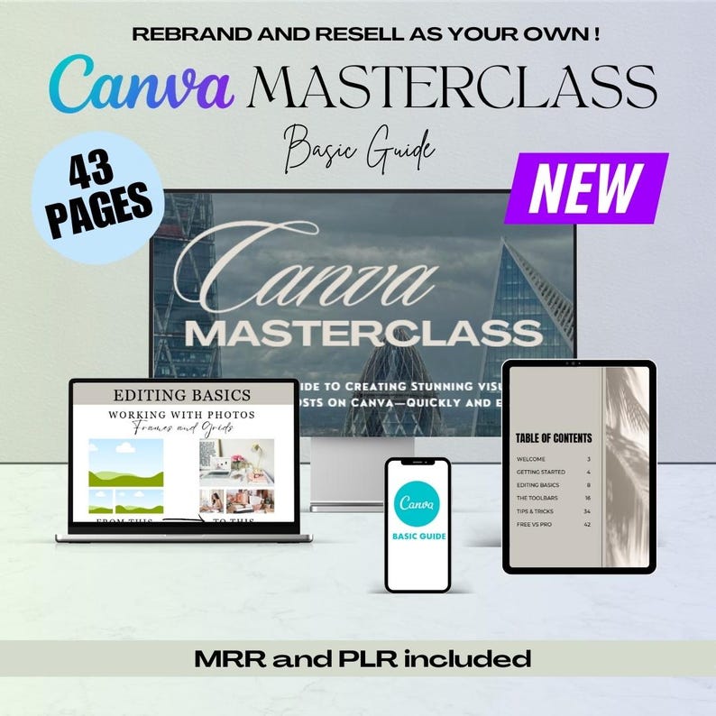 Pu&ograve; includere: Una guida di base Canva Masterclass con 43 pagine, uno schermo di laptop che mostra una lezione di base di editing di Canva Masterclass, uno schermo di telefono che mostra una guida di base di Canva e uno schermo di tablet che mostra un sommario della guida.