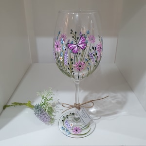 Hand-Painted Wine Glass - Butterfly Amongst Wildflowers