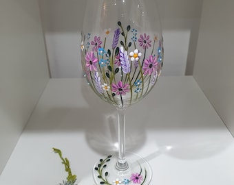 Hand painted dainty wildflower wine glass