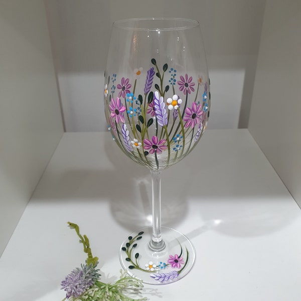 Hand painted dainty wildflower wine glass